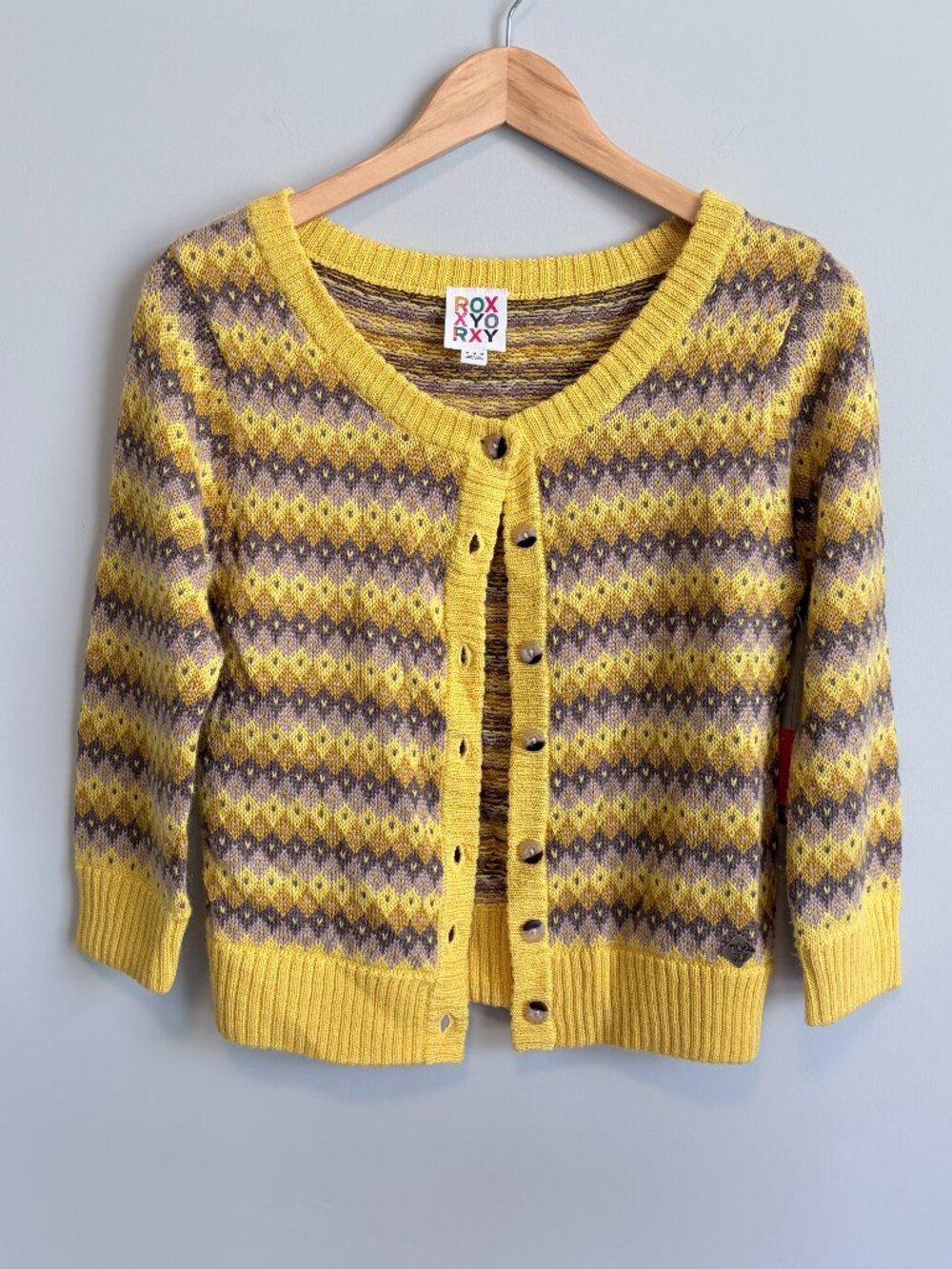 Roxy Cardigan Sweater Button Closure Knit Cottagecore Boho Yellow Women's Size M